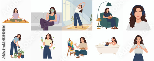 Stylish Flat Illustration of Woman Engaged in Self Care Activities Collection