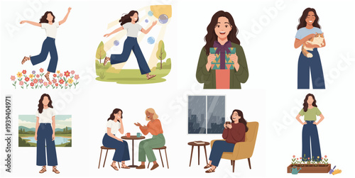 Casual Handdrawn Woman Lifestyle Illustration Set in Various Activities