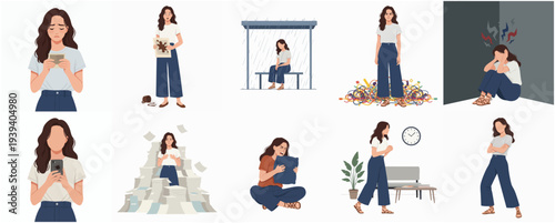 Minimalist Flat Illustration of Woman in Various Situations Set