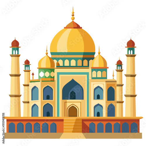 Vibrant illustration of the Taj Mahal with golden domes and minarets