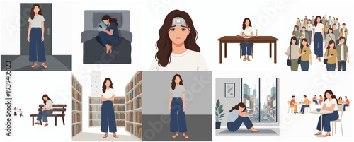 Diverse Flat Illustration Set of Woman Depicting Different Life Moments