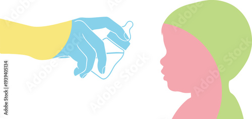 Hand in glove holding medical face mask in front of child's silhouette suggesting importance of protection and health for kids