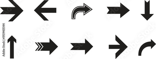 A collection of 10 black arrow icons on a white background pointing in various directions