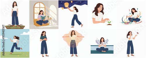 Simple Flat Illustration of a Young Woman in Various Activities
