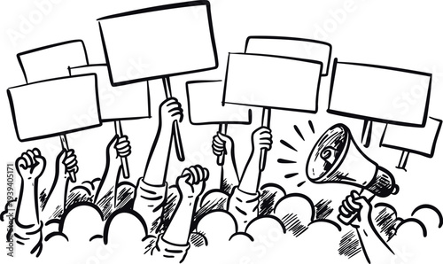 Protest Crowd Illustration With Blank Signs and Megaphone, Black and White Line Art Demonstration Concept