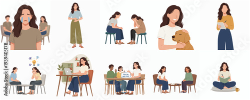 Flat Style Diverse Group Therapy and Mental Health Illustration with Emotional Support