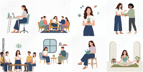 Flat Illustration of Various Mental Health and Wellness Activity Scenes