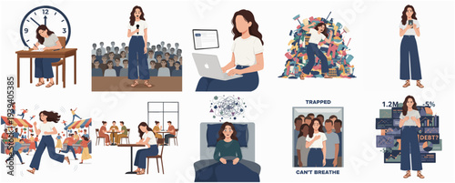 Flat Style Illustration Set of Young Woman's Daily Life and Emotions