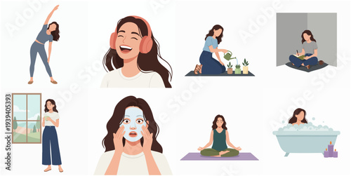 Flat Illustration Woman Doing Various Routine Activities Set