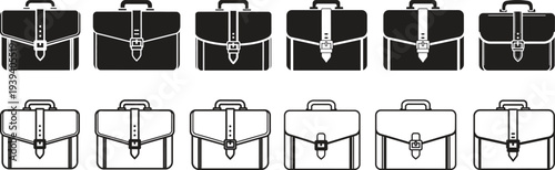 Variety of black and white leather briefcase designs with zippers and buckles