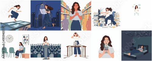 Modern Flat Illustration Set of Woman in Different Life Moment and Activity