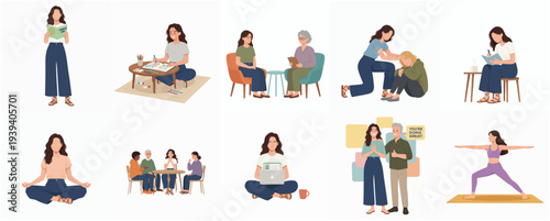 Soft Style Flat Illustration of Woman Activities Daily Life Scenes Set