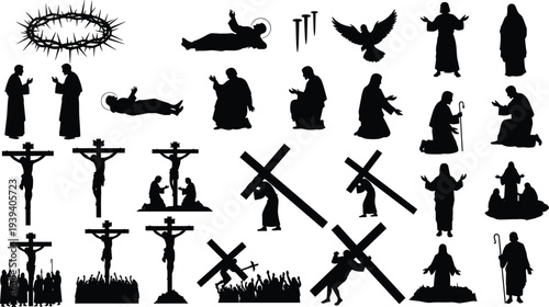 Vector illustration of stylized Christian crucifixion and resurrection silhouettes symbolizing faith, tradition, culture, heritage, and education