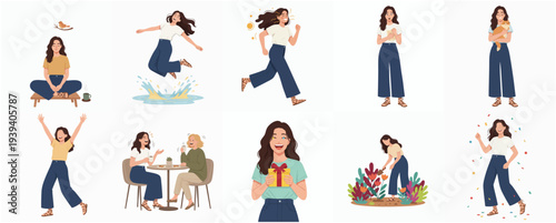 Flat Illustration Set Various Poses of Happy Young Woman Activities