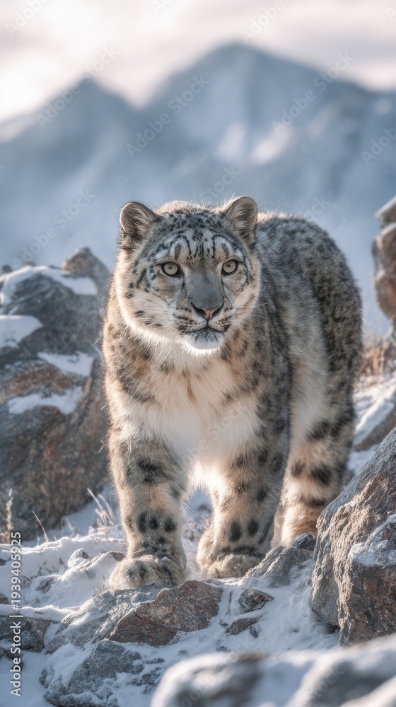Fototapeta premium Snow leopard standing on snowy terrain