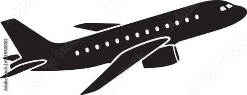 Minimalist black airplane silhouette taking off for travel, aviation, and transportation
