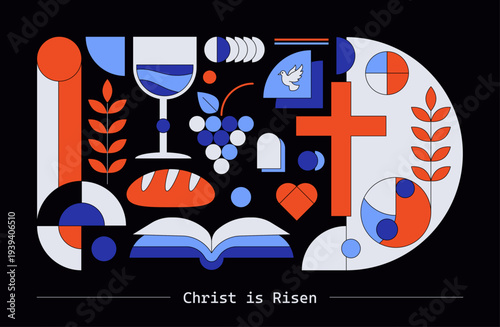 Christian Easter poster featuring Jesus Christ in an abstract geometric style. Easter celebration with Christian symbols of the covenant in Jesus Christ. Resurrection celebration, vector illustration