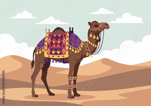 Desert camel illustration vector with traditional saddle on sand dunes with clouds in background