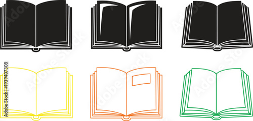 Collection of six stylized book illustrations in various colors and states