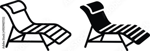 Outline and solid vector icon of folding chairs with slatted seats