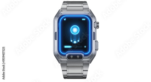 Modern smartwatch with glowing blue interface on sleek metal band