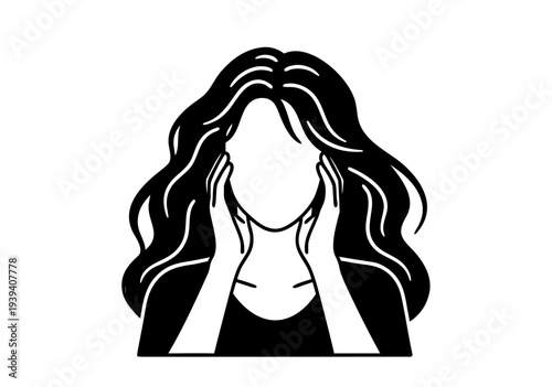 A black and white vector illustration of a person holding their face in distress or pain, with wavy hair framing their head