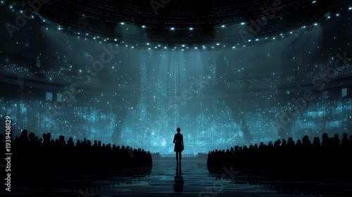 Digital Dawn: Futuristic Stage with Holographic Data and Silhouette Audience