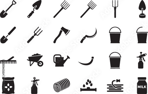 Gardening tools and farm equipment arranged in a flat design silhouette