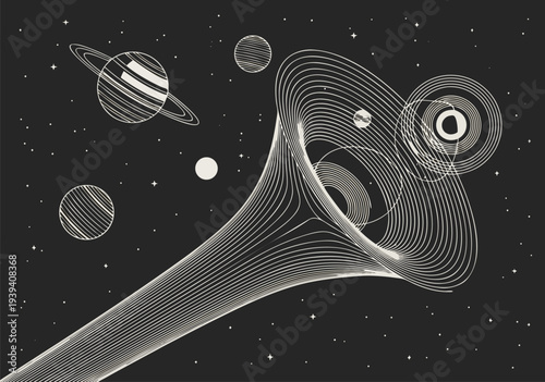 Cosmic Voyage A Minimalist Vector Illustration of a Wormhole and Planets in Deep Space