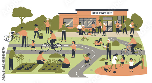 Vibrant Community Hub with People Engaging in Outdoor Activities