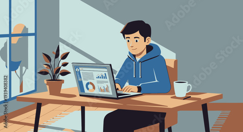 Man working on laptop at home office desk