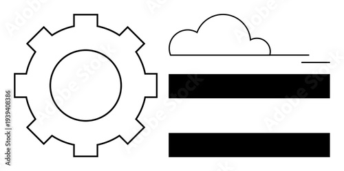 Gear beside a cloud with horizontal bars emphasizing a concept of cloud-based operation, process automation, or system integration. Ideal for technology, cloud computing, digital workflow