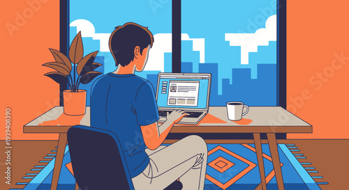 Man working on laptop at desk near window