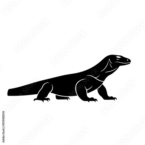 Striking black silhouette illustration of a powerful Komodo dragon. This formidable monitor lizard vector graphic is ideal for wildlife themes, educational content, and bold brand identity