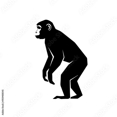 Minimalist black silhouette illustration of a chimpanzee standing in profile, a sleek vector graphic representing primate wildlife and animal freedom concepts