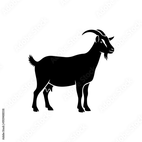Bold vector silhouette of a domestic goat, a powerful farm animal illustration ideal for graphic designs, logos, and agricultural branding, representing rustic nature