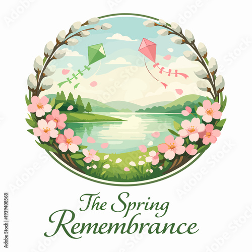 Beautiful The Spring Remembrance logo featuring blooming flowers and floating kites under warm sunlight, symbolizing renewal, gratitude, nature, and the harmony of seasonal joy