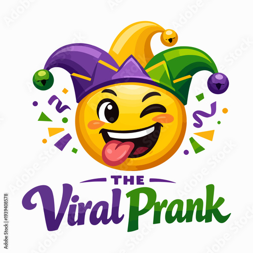 Playful The Viral Prank logo featuring a mischievous jester emoji surrounded by confetti, representing humor, fun, laughter, and the spirited energy of social delight and celebration