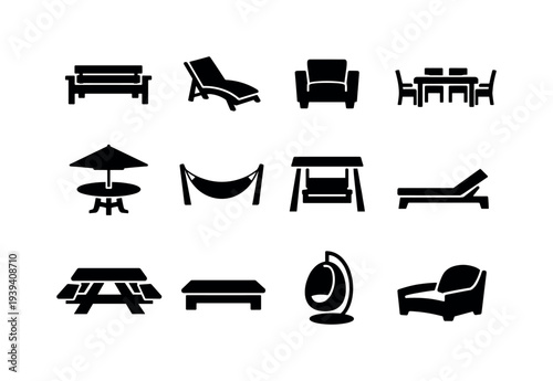 Outdoor furniture icons set for relaxation and dining in a garden