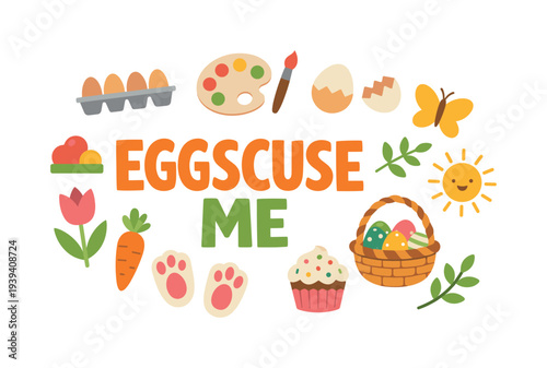 Easter Eggscuse Me phrase with cute spring holiday icons