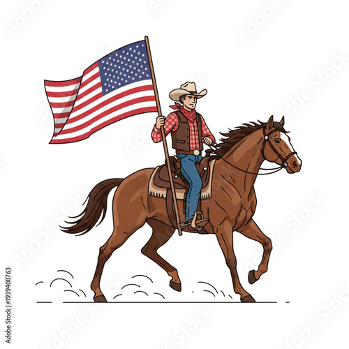Cowboy ride horse bring american flag vector