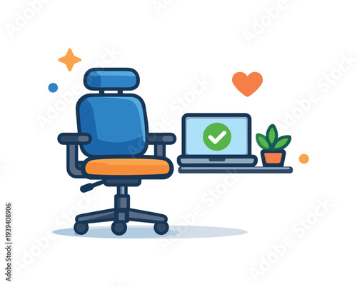 Modern office chair and laptop setup with a green checkmark on screen