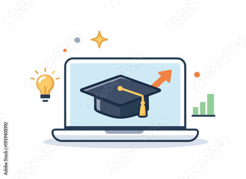 Online education concept with graduation cap and growth arrow on laptop screen