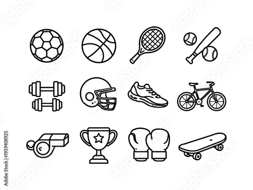 Collection of sport icons representing various athletic activities and equipment in a clean line art style
