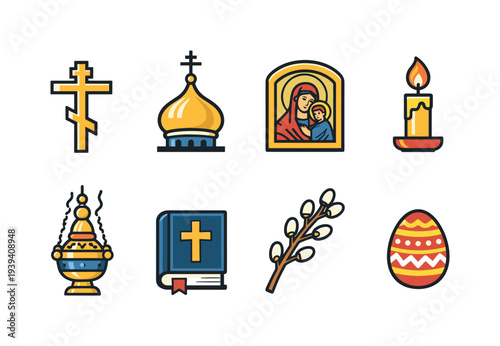Orthodox Christian symbols collection with cross, dome, icon, candle, censer, bible, pussy willow, and egg