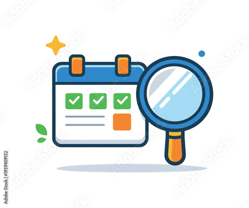 Calendar with magnifying glass and checkmarks, symbolizing planning and task completion
