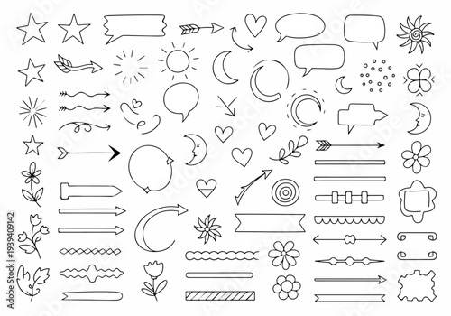 A collection of various line art elements including celestial bodies, flowers, and abstract shapes viewed from a straightforward perspective.