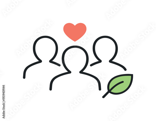 Group of people with a heart and a leaf icon representing community, love, and nature