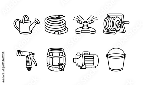 Collection of garden watering equipment icons in a clean, minimalist line art style