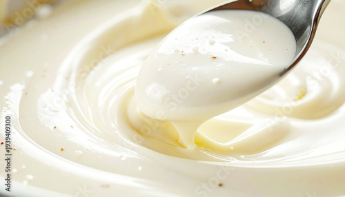 White creamy sauce for pasta, ingredient for a recipe, macro shot. AI